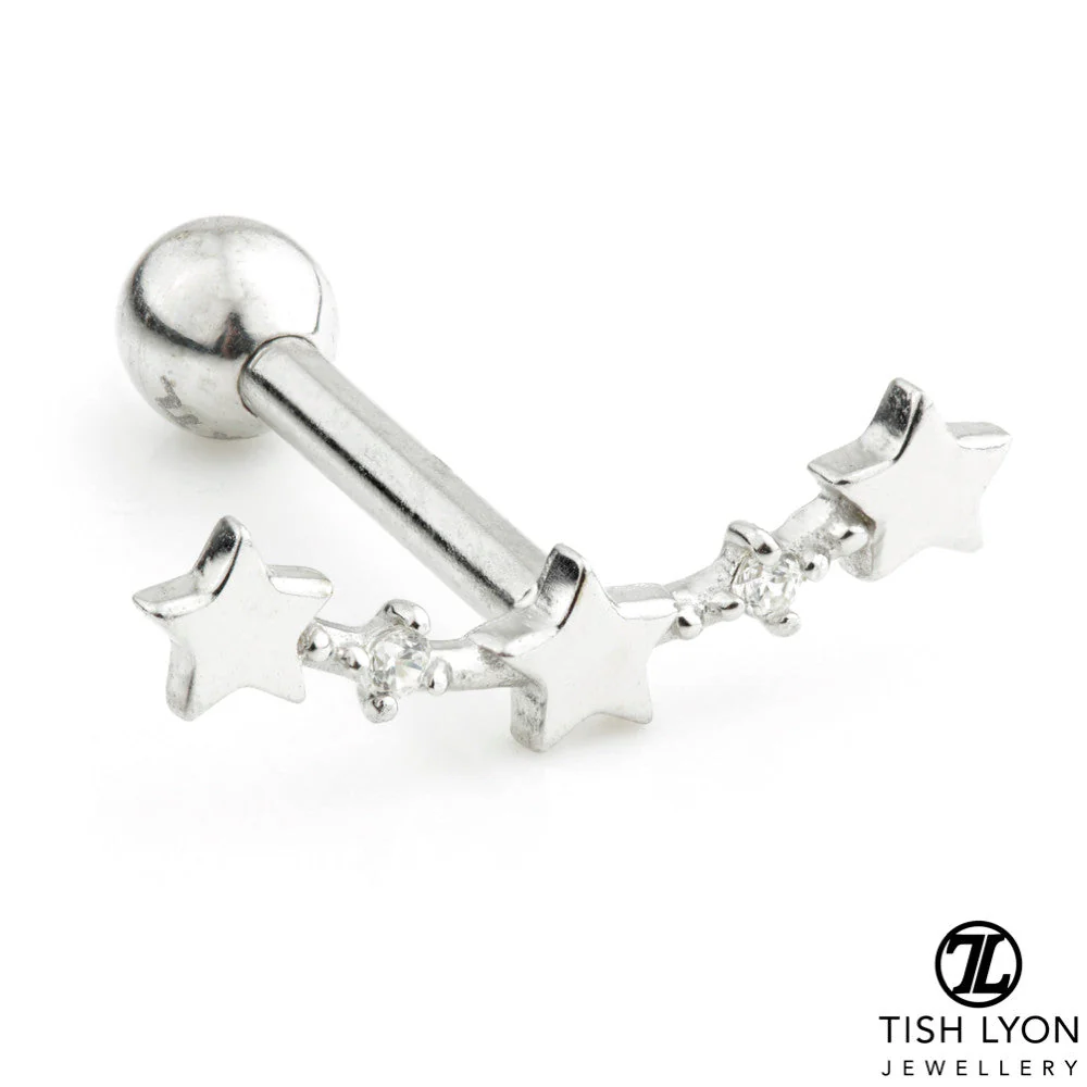 4 Gem Star Crescent 14 Carat Solid Gold Cartilage Barbell Earring - Image 2