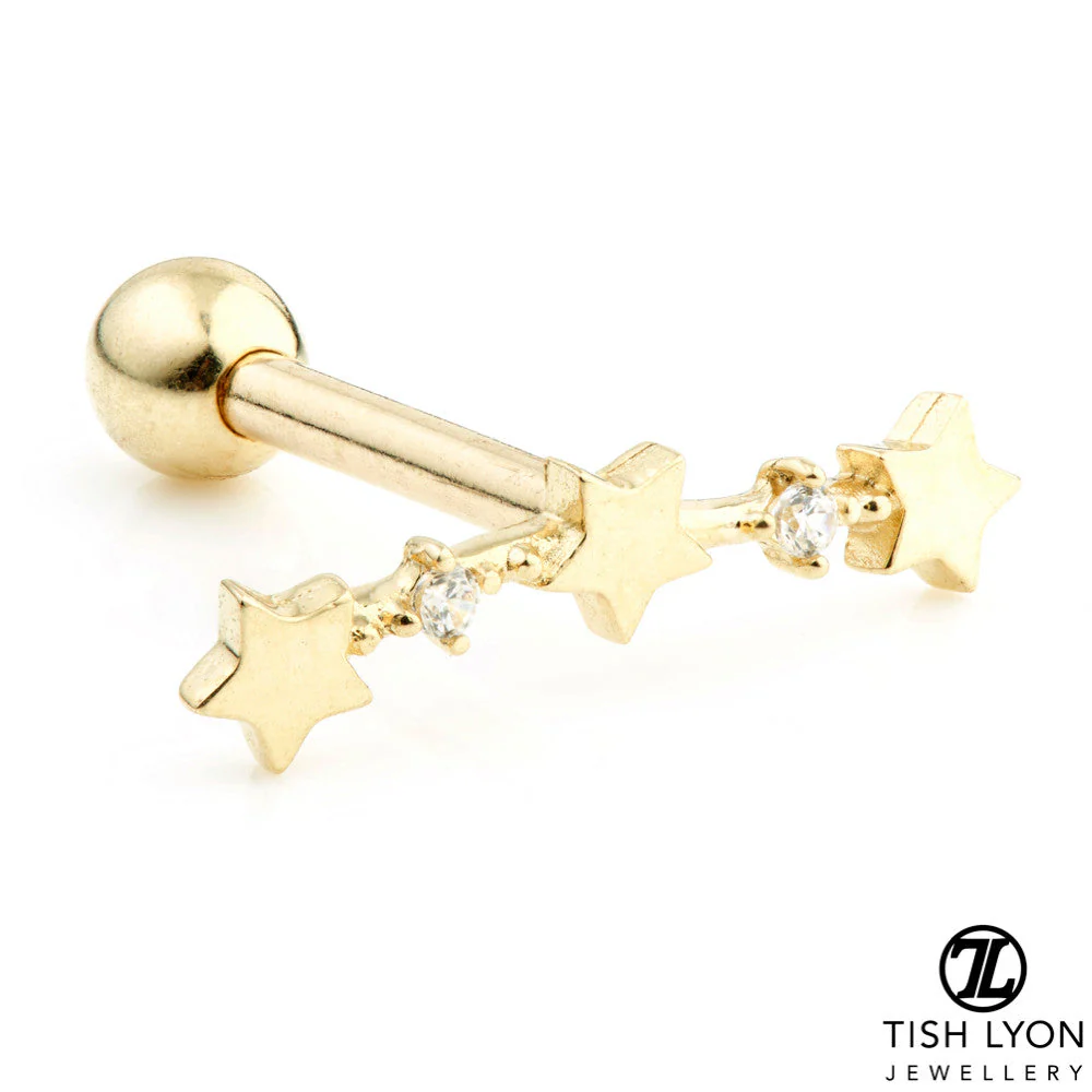 4 Gem Star Crescent 9 Carat Solid Gold Cartilage Barbell Earring - Image 2