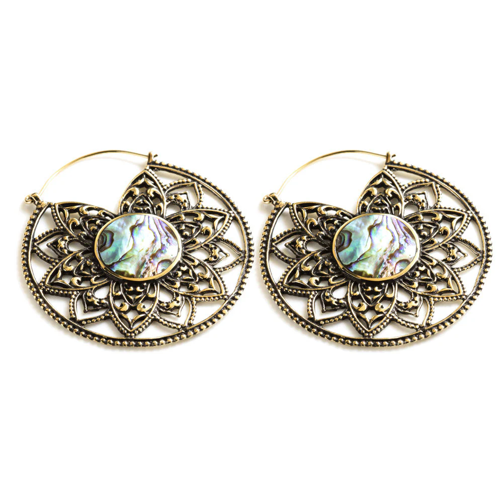 Brass Lotus Hoop Earrings with Abalone (Pair)