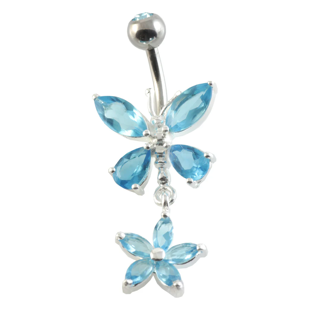 Butterfly Flower Silver & Steel Navel - Aqua