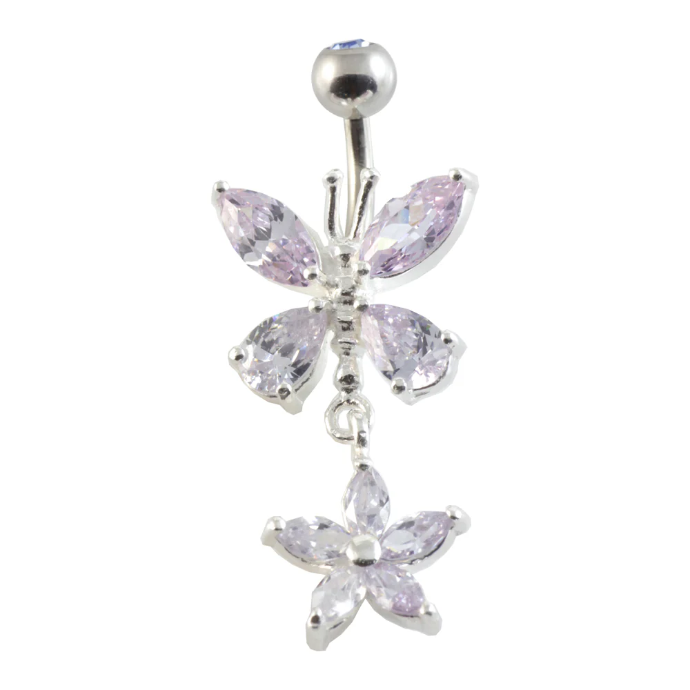Butterfly Flower Silver & Steel Navel - Lilac