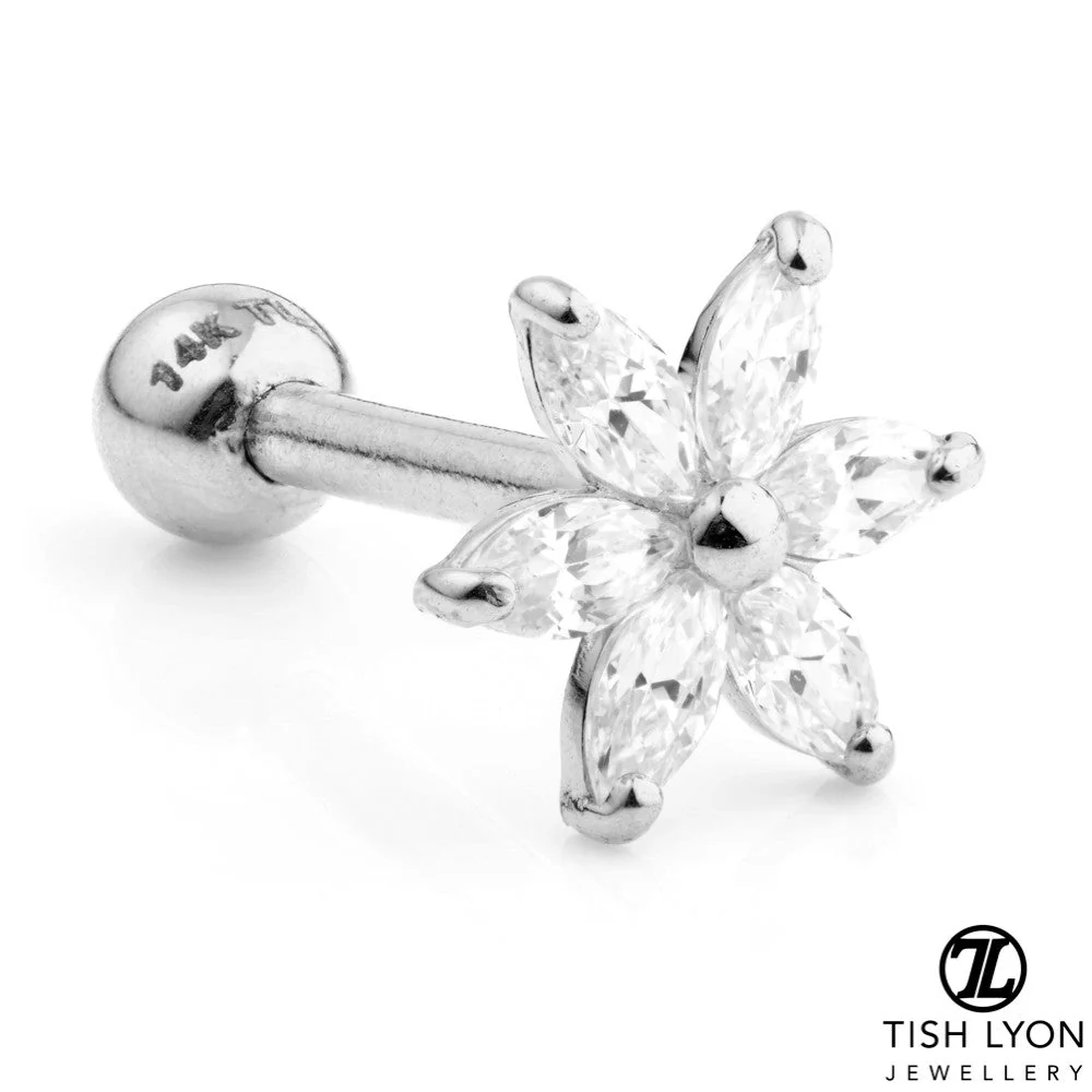 Gem Flower Solid Gold Cartilage Barbell Earring - Image 2