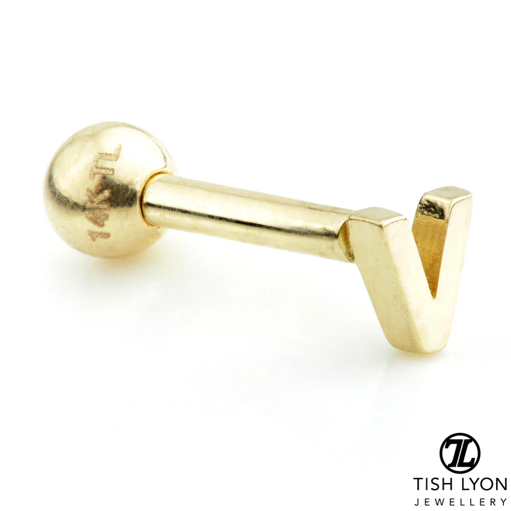 Micro Letter 14 Carat Solid Gold Barbell Earring - Image 11