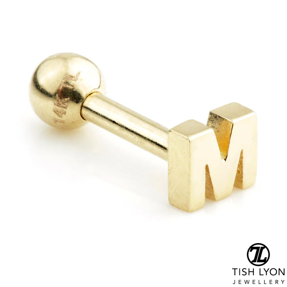 Micro Letter 14 Carat Solid Gold Barbell Earring - Image 29