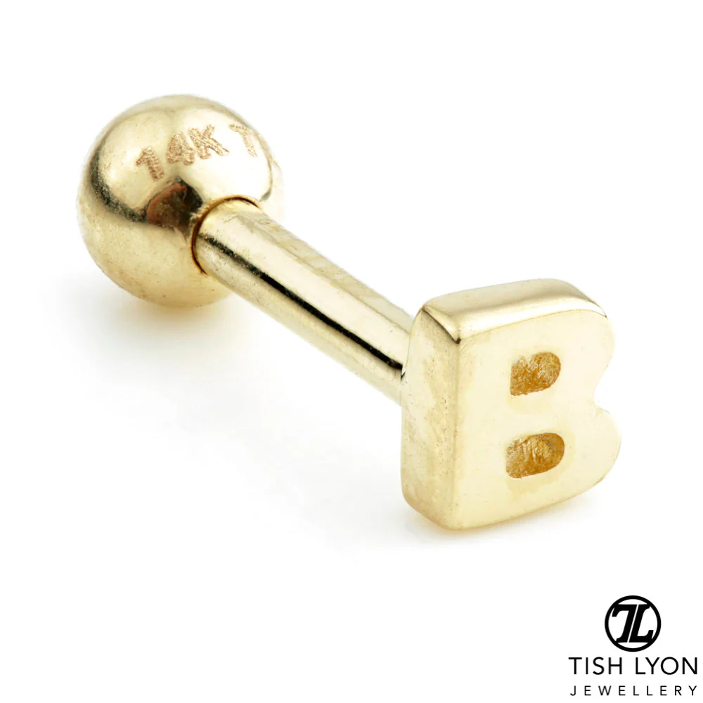 Micro Letter 14 Carat Solid Gold Barbell Earring - Image 51