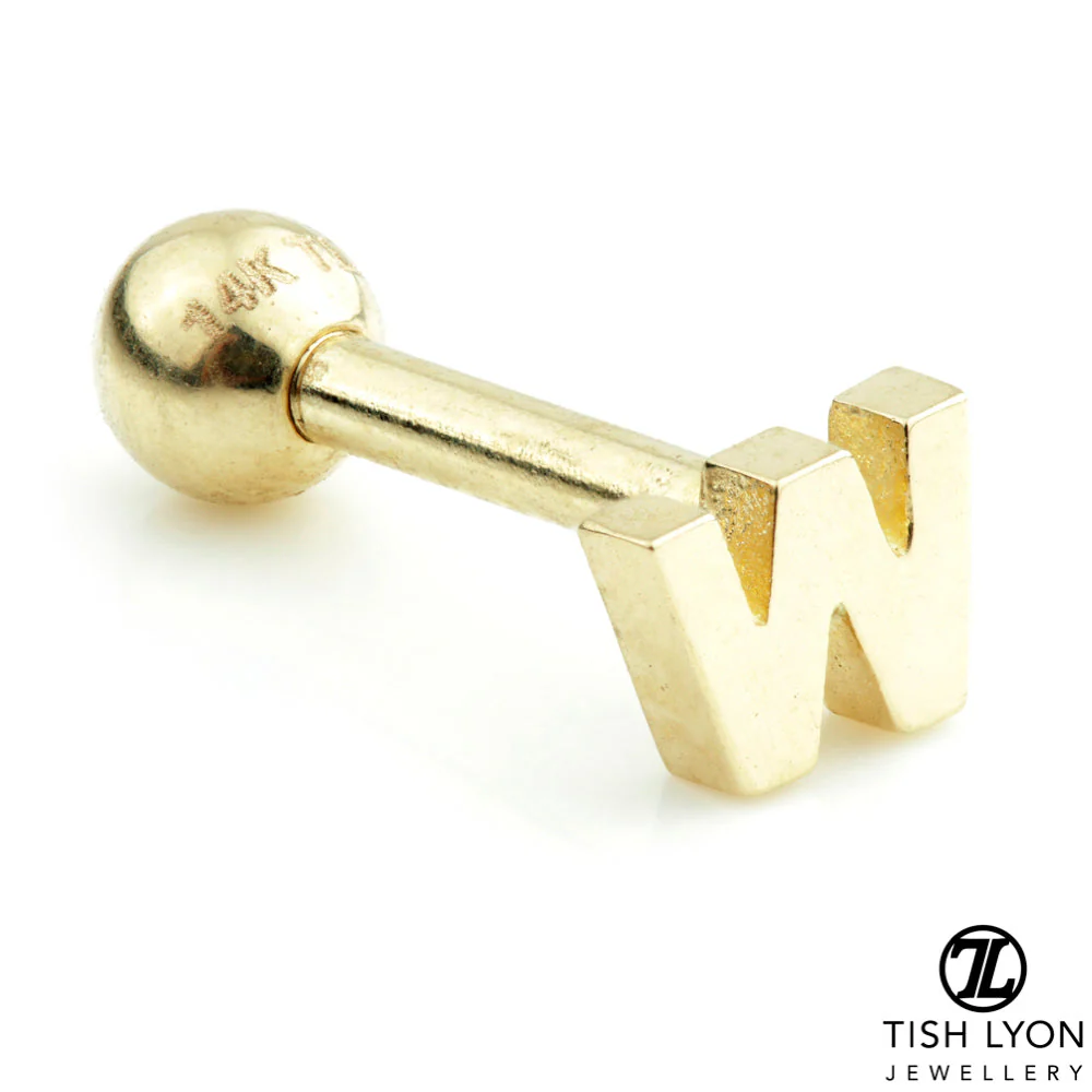 Micro Letter 14 Carat Solid Gold Barbell Earring - Image 9