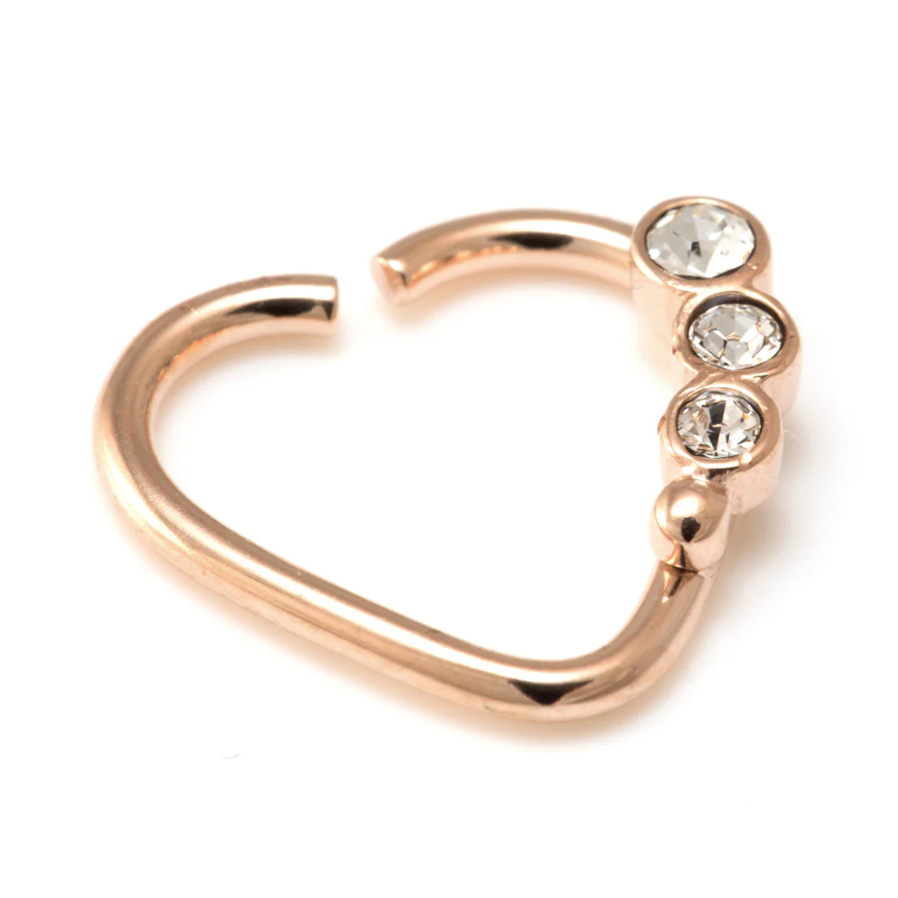 Rose Gold Steel 3 Gem Heart Ring - Image 2