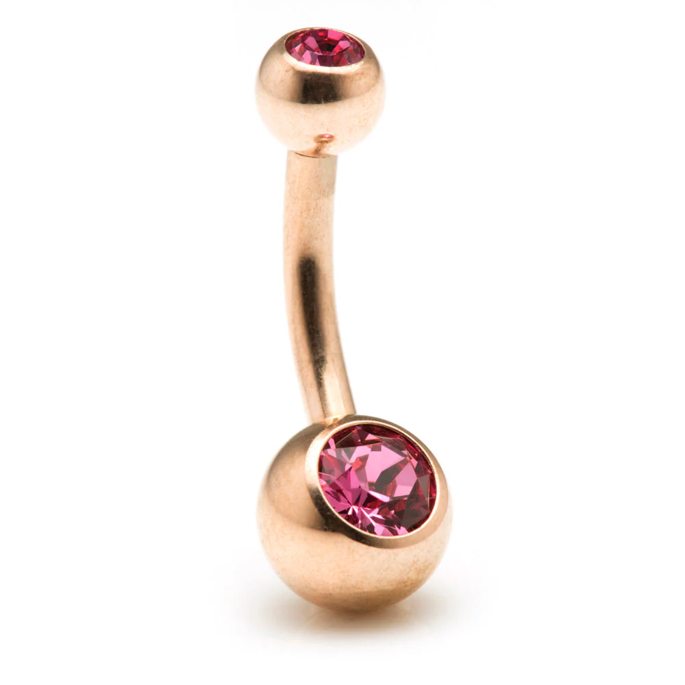 Rose Gold Steel Double Jewelled Baby Navel Bar - Image 3