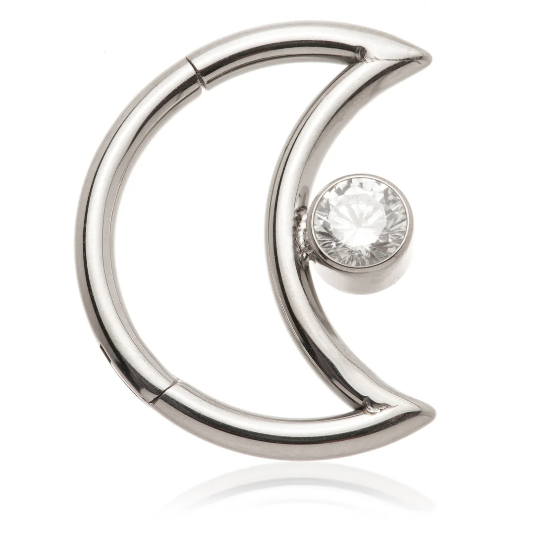 Steel Moon Shaped Hinge Ring with Round Gem - Image 2