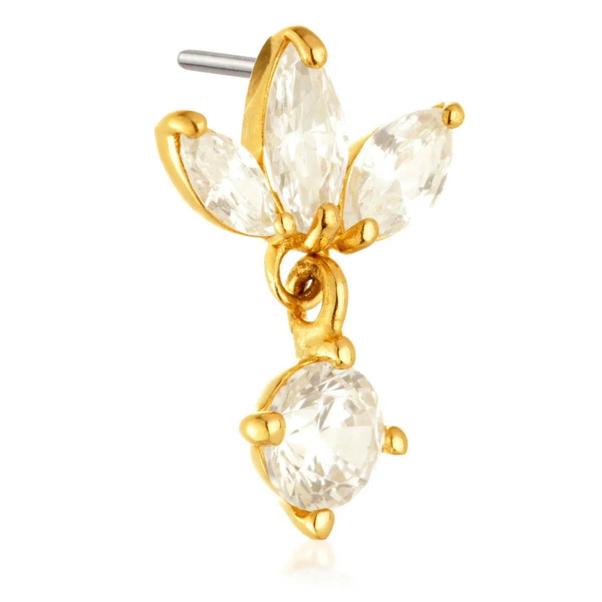 TL - 14ct Threadless Gold Jewelled  Fleur-de-lis Pin Attachment With Hanging Gem - Image 2