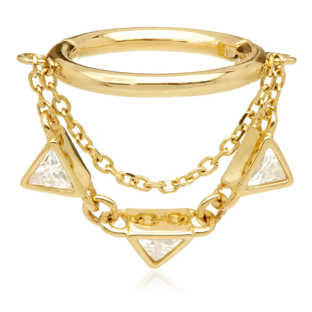 TL - Gold Hinged Ring with Hanging Triangle Gem Chain - Image 2