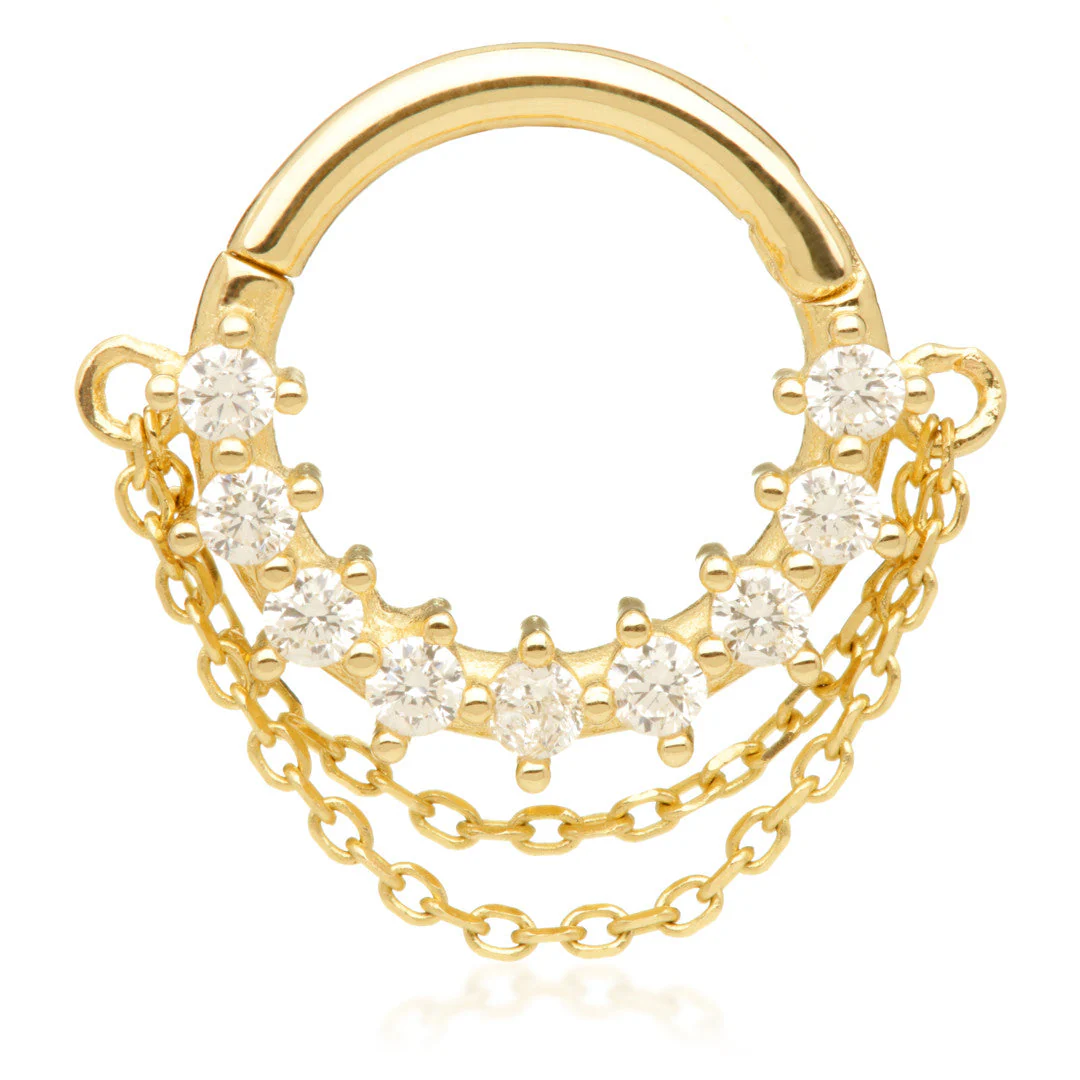 TL - Gold Jewelled Hinged Ring with Double Hanging Chain - Image 2