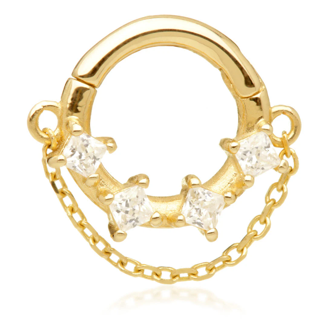 TL - Gold Prong Set Jewelled Hinged Ring with Hanging Chain - Image 2