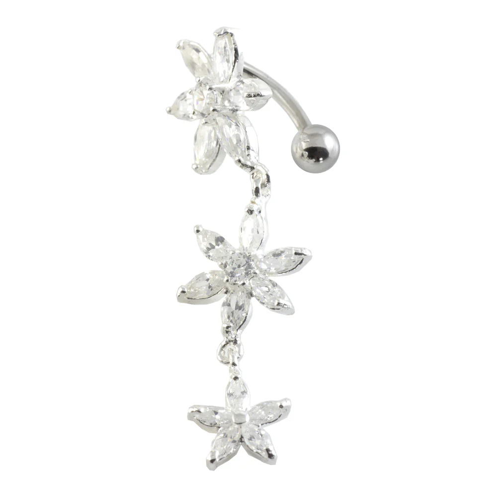 Top Drop Triple Flower Silver & Steel Navel - Image 4