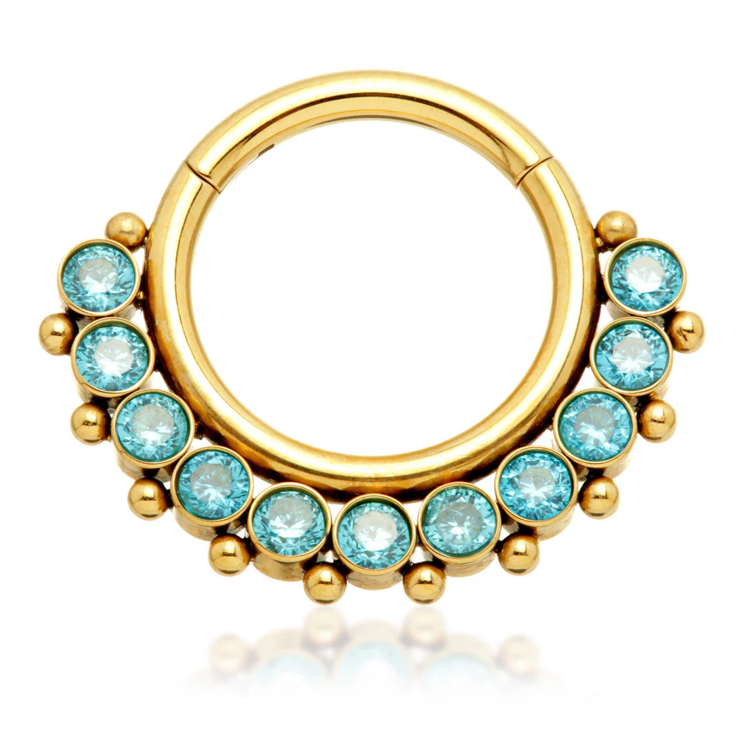 Zircon Gold Ti Front Facing Jewelled Cluster Hinged Ring